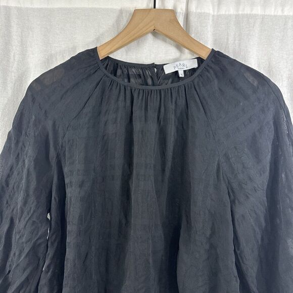 Pearl By Lela Rose Sheer Black Windowpane 3/4 Peasant Top Womens Size M - Picture 4 of 13